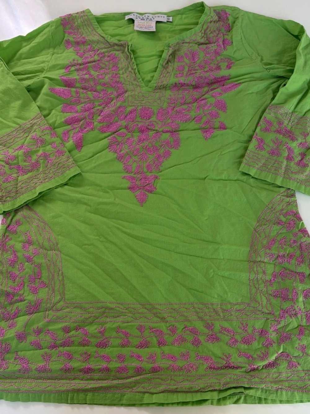 Gretchen Scott Women's Green Pink Embroidered Tunic Top Dress XS